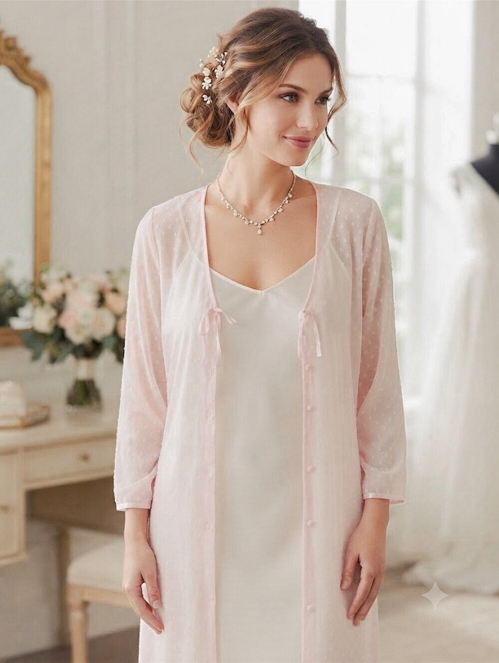 Nordstrom Lingerie Pink Swiss Dot Sheer Tie-Front Robe M/L